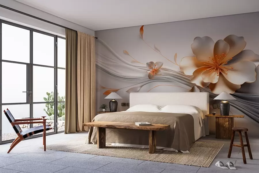 Papier peint photo Une fleur orange sur un fond gris abstrait w09004