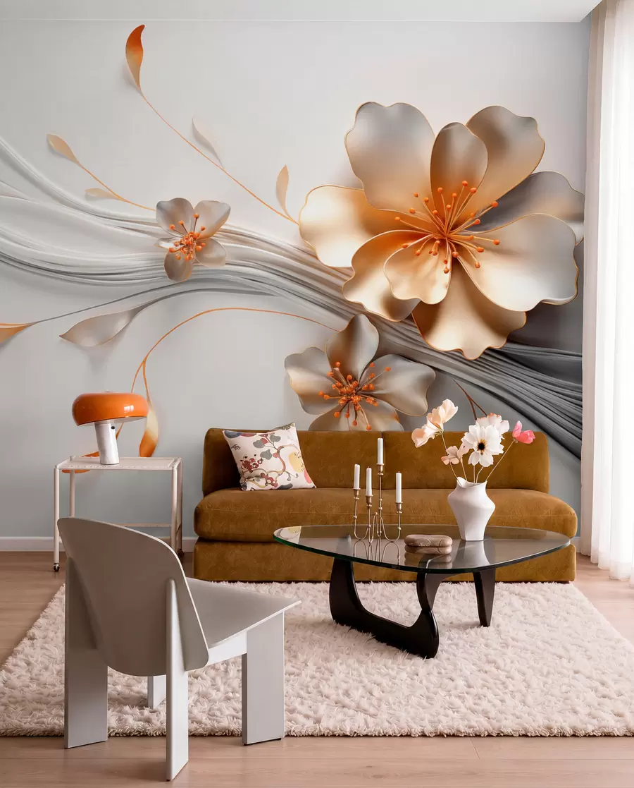 Fotobehang Een oranje bloem op een grijze abstracte achtergrond w09004