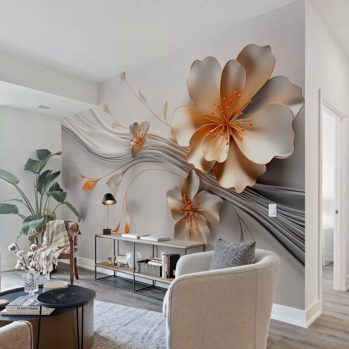 Fotobehang Een oranje bloem op een grijze abstracte achtergrond w09004