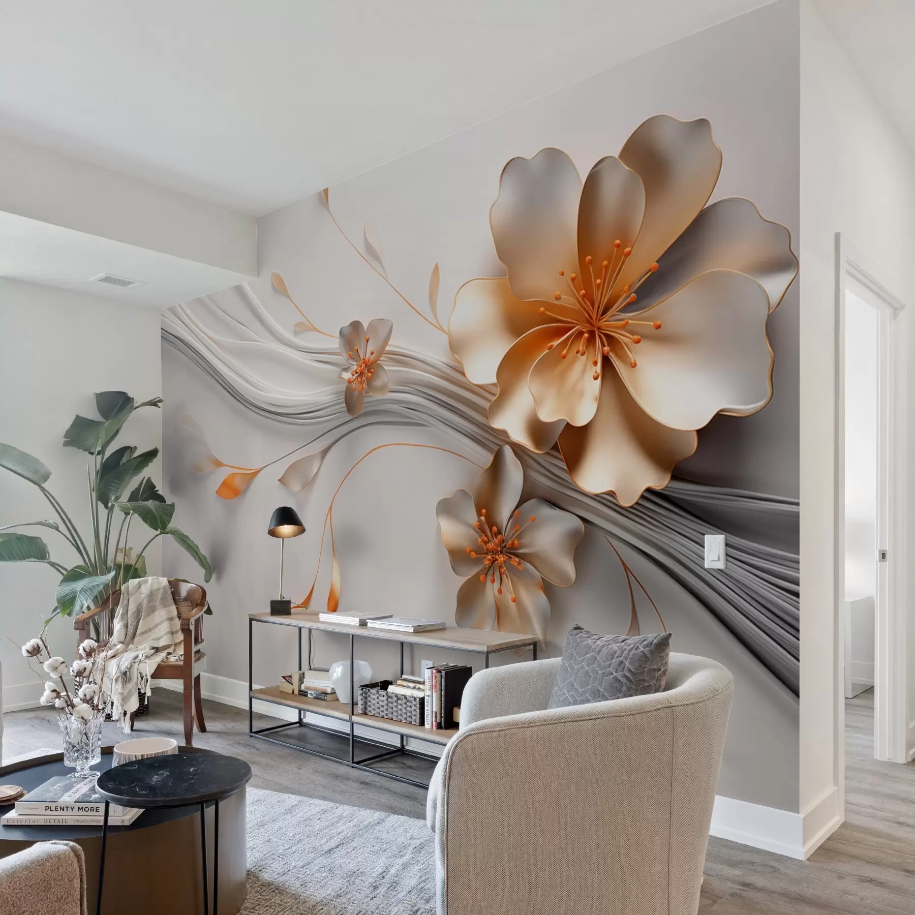 Fotobehang Een oranje bloem op een grijze abstracte achtergrond w09004