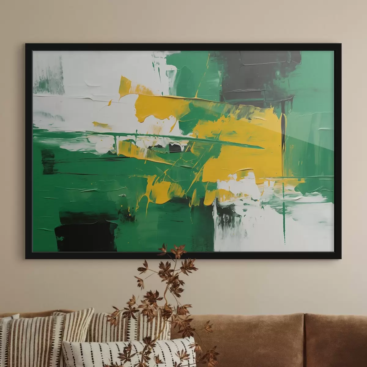 Poster Abstract olieverfschilderij in witte, groene en gele kleuren in olieverfstijl f43944