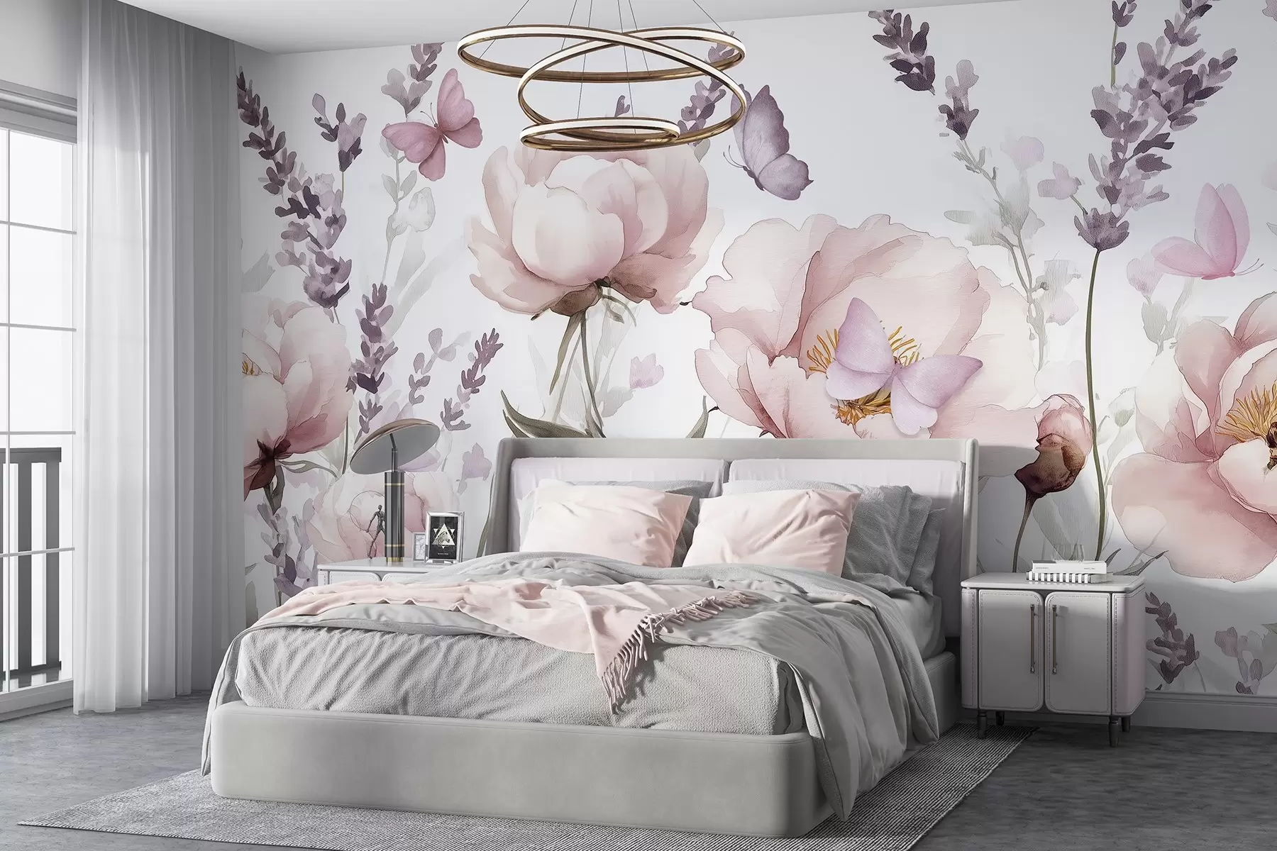 Fotobehang Bloemenweide, pioenrozen, lavendel, vlinders, aquarelstijl, roze kleuren w03668