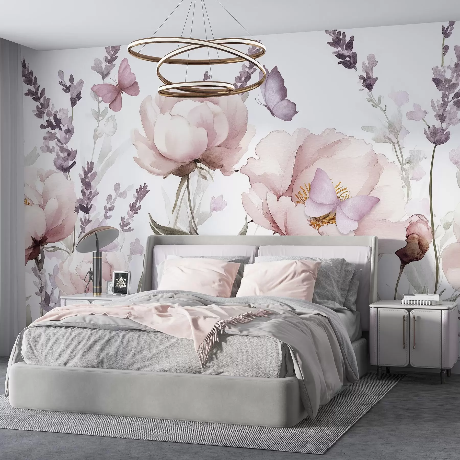 Fotobehang Bloemenweide, pioenrozen, lavendel, vlinders, aquarelstijl, roze kleuren w03668