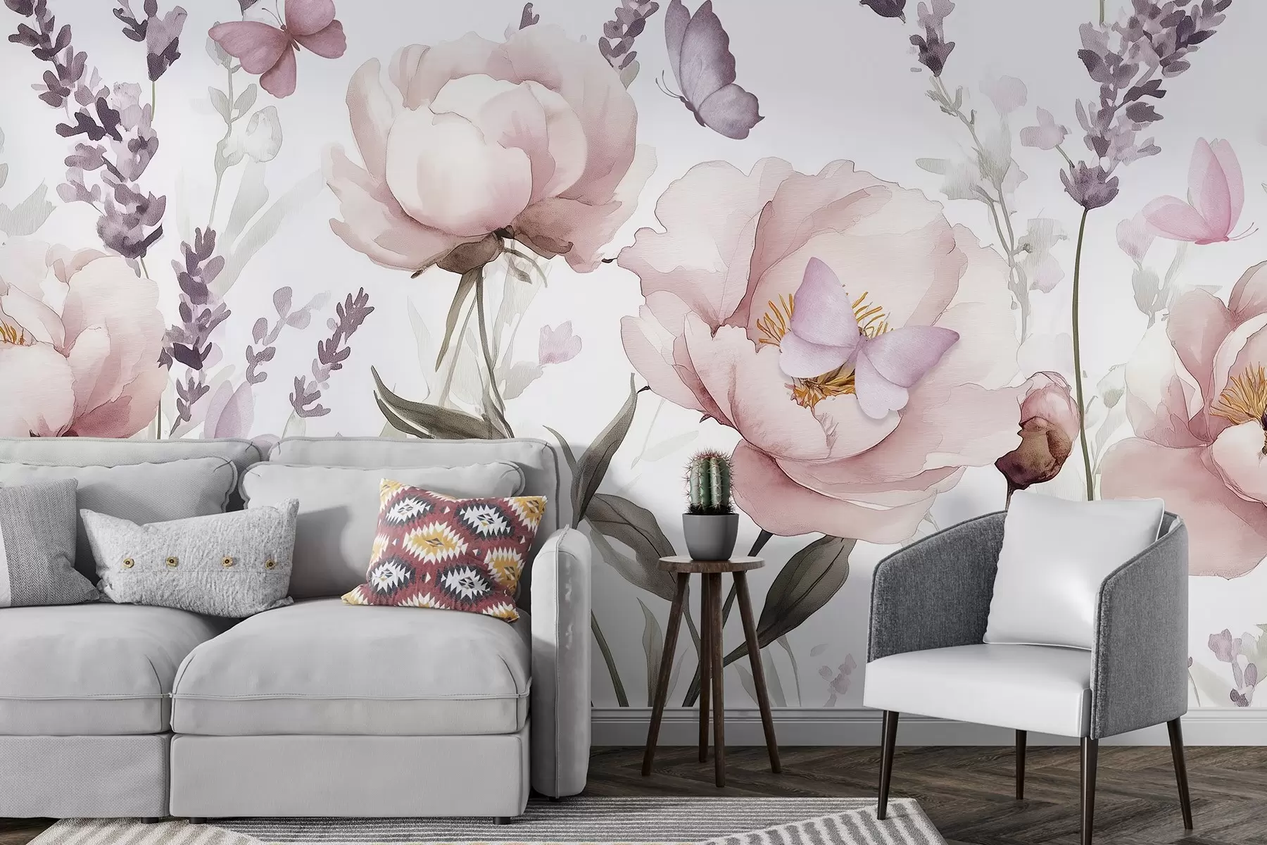 Fotobehang Bloemenweide, pioenrozen, lavendel, vlinders, aquarelstijl, roze kleuren w03668