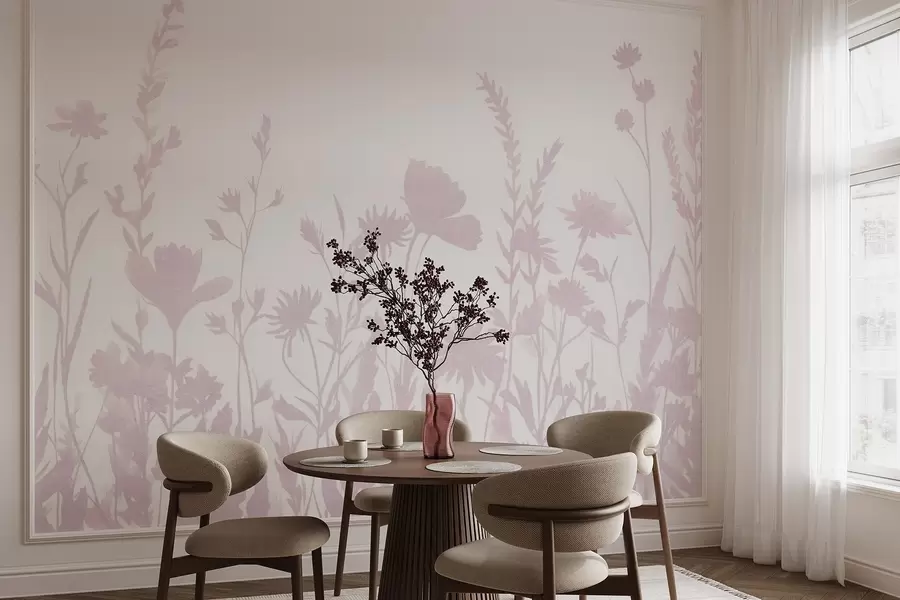 Fotobehang Zomerweide, rustiek, bloemen, roze kleurenpalet w03670v2