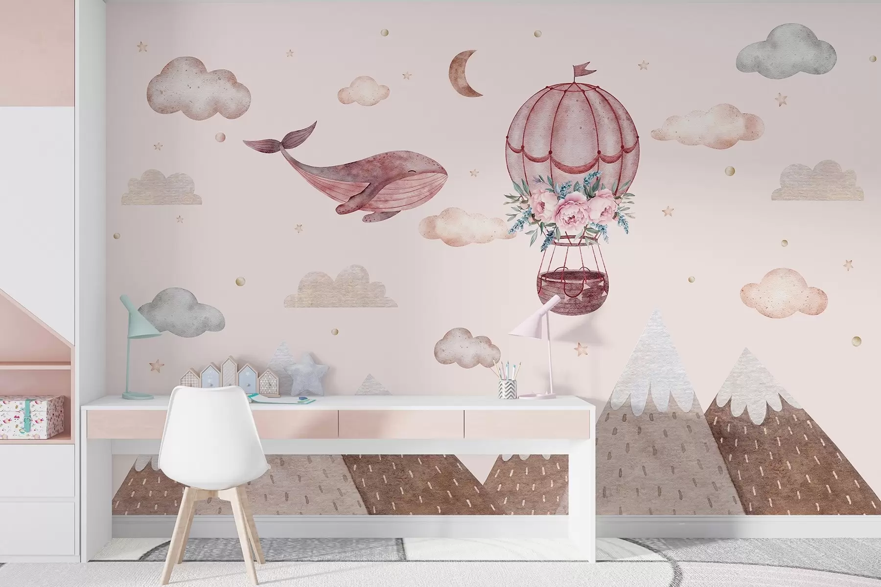 Fotobehang Leuke walvis met luchtballon, hemel met wolken, bergen, aquarelstijl, roze kleuren w03673