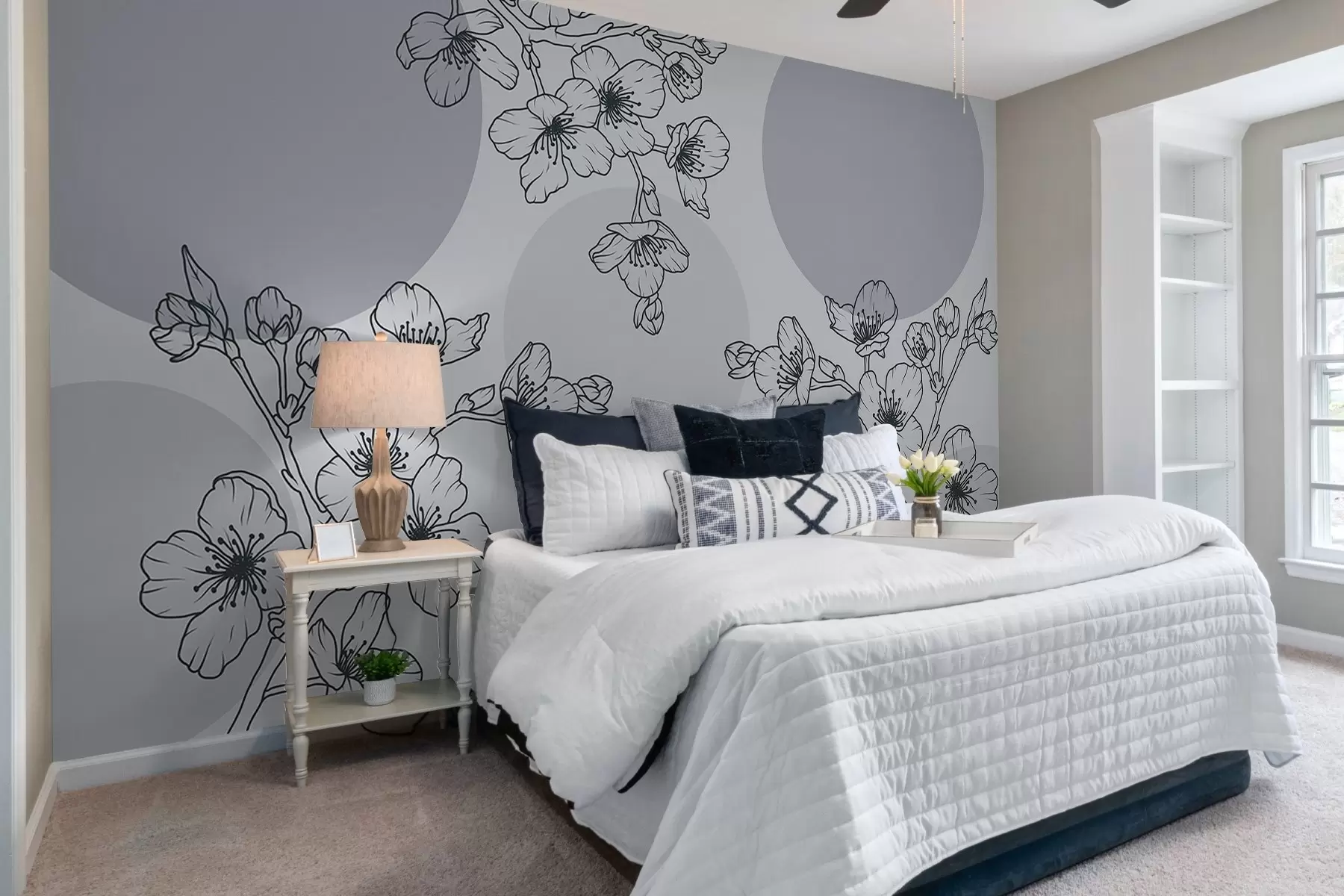 Papier peint photo Branches avec fleurs sur des cercles colorés w03712v1