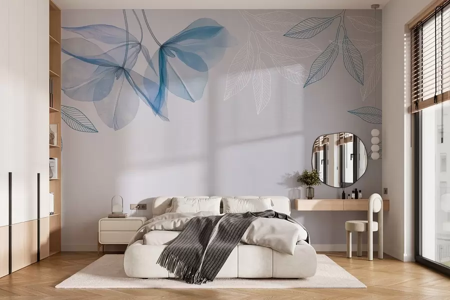 Fotobehang delicate doorschijnende bloemen en bladeren in blauwe tinten w03616