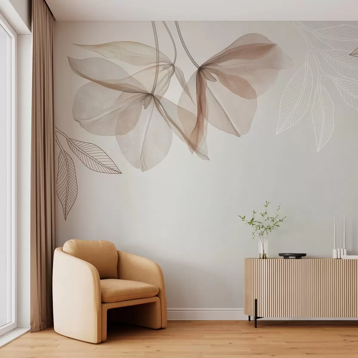 Papier peint photo fleurs et feuilles délicates et translucides dans les tons moka w03616v3