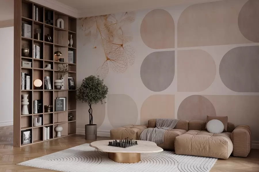 Fotobehang geometrische en gedroogde bloemen met aders in beige tinten w03617