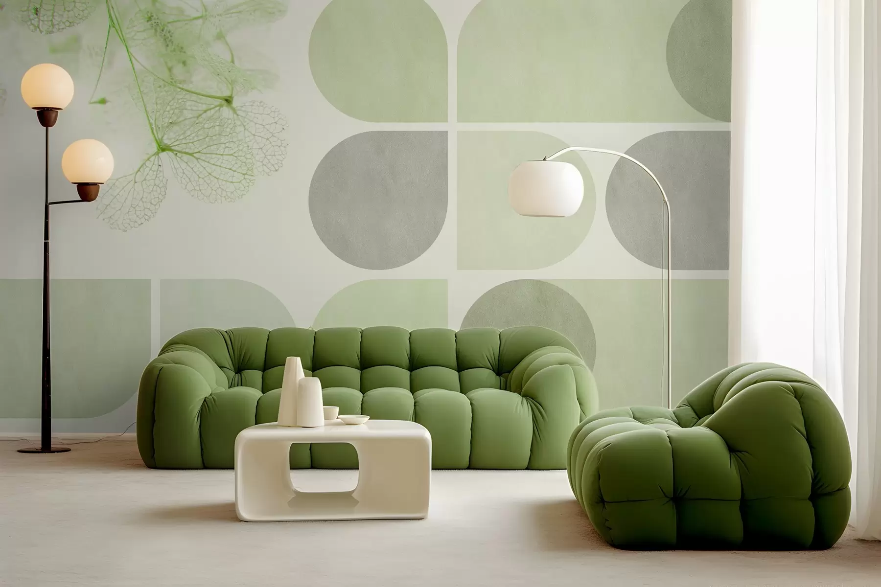 Papier peint photo géométrie et fleurs séchées avec des veines dans les tons verts w03617v1