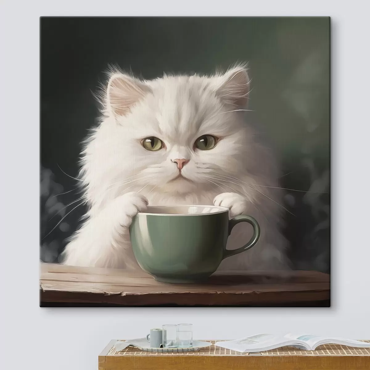  Peintures Chat blanc avec une tasse verte s44032