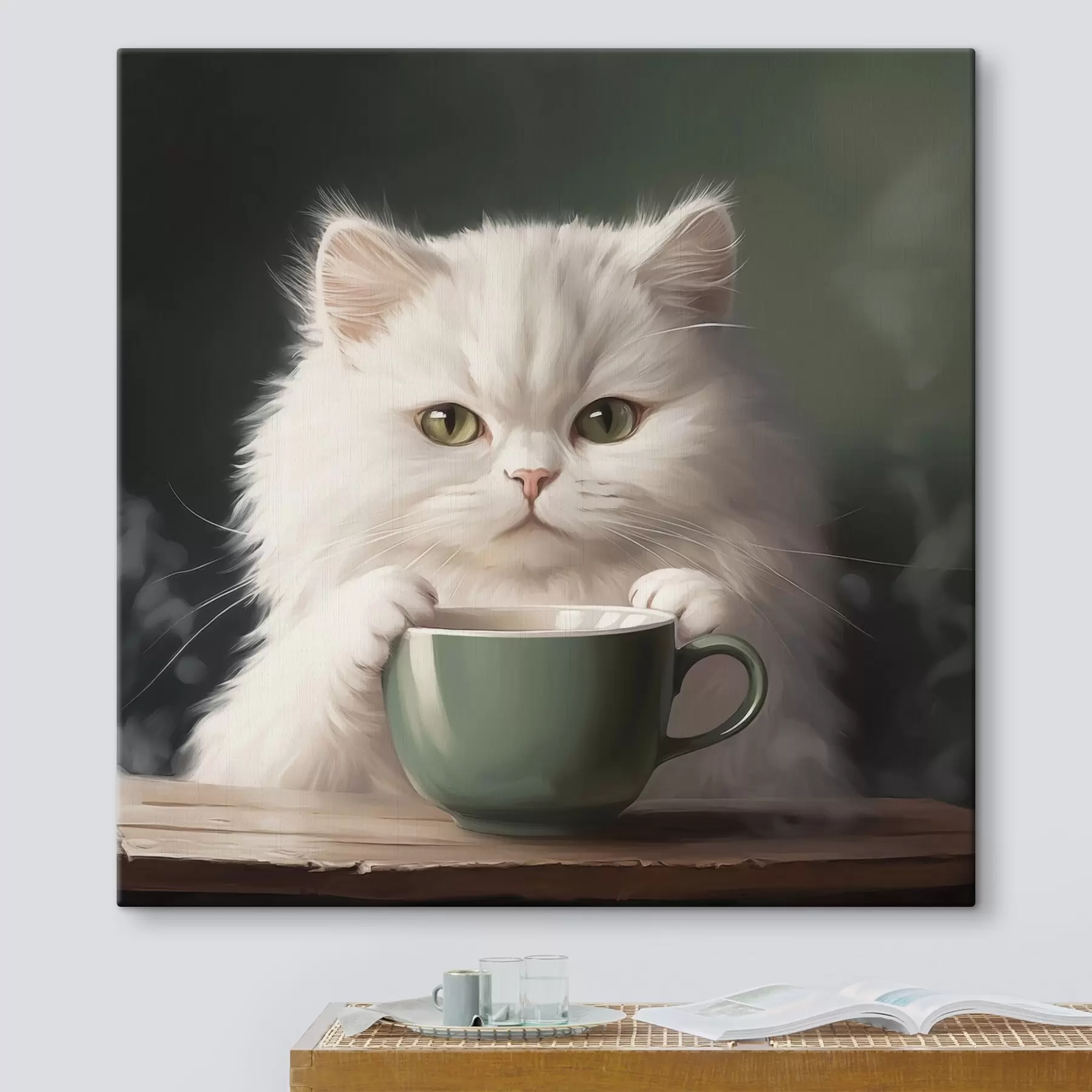  Peintures Chat blanc avec une tasse verte s44032