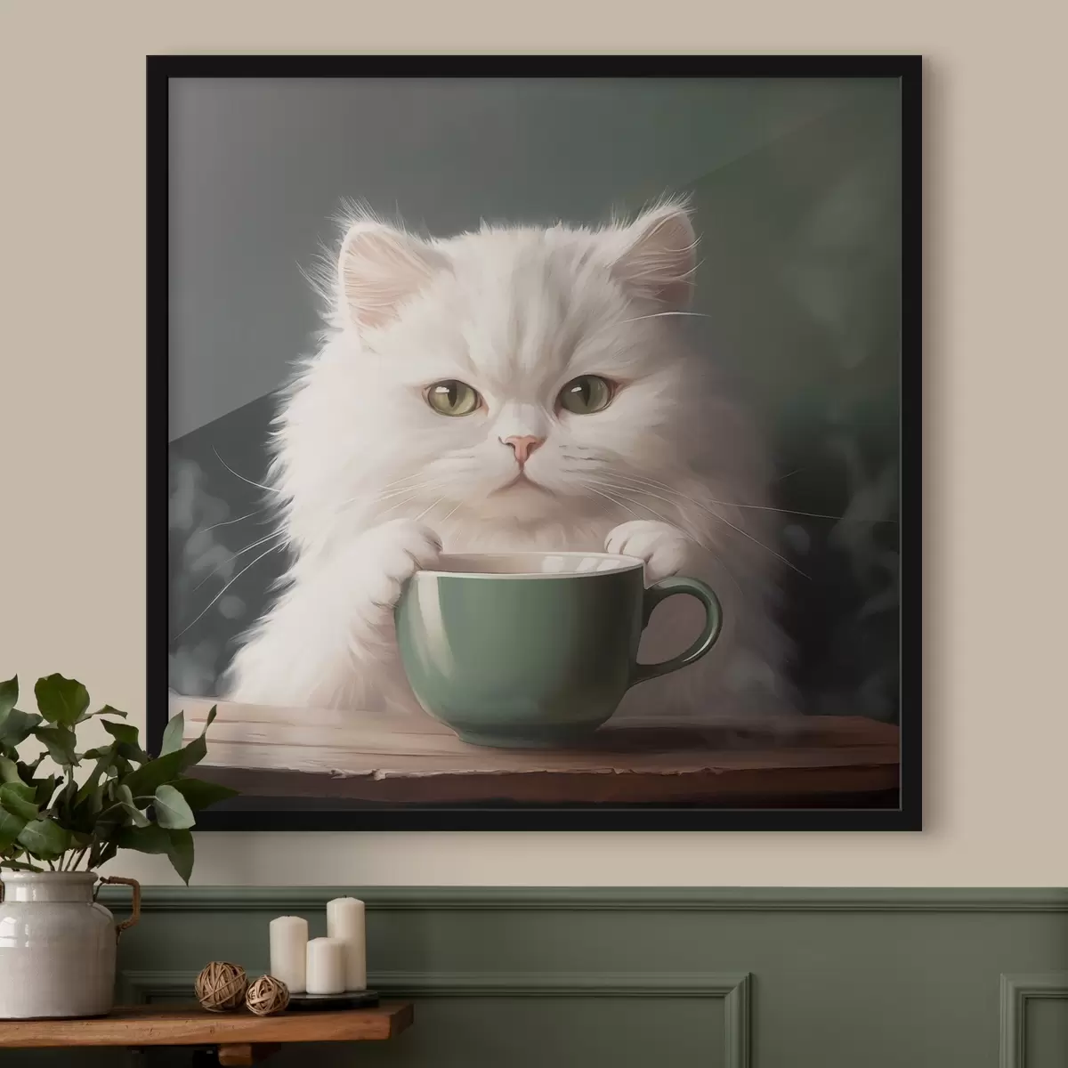 Poster Witte kat met groen kopje f44032