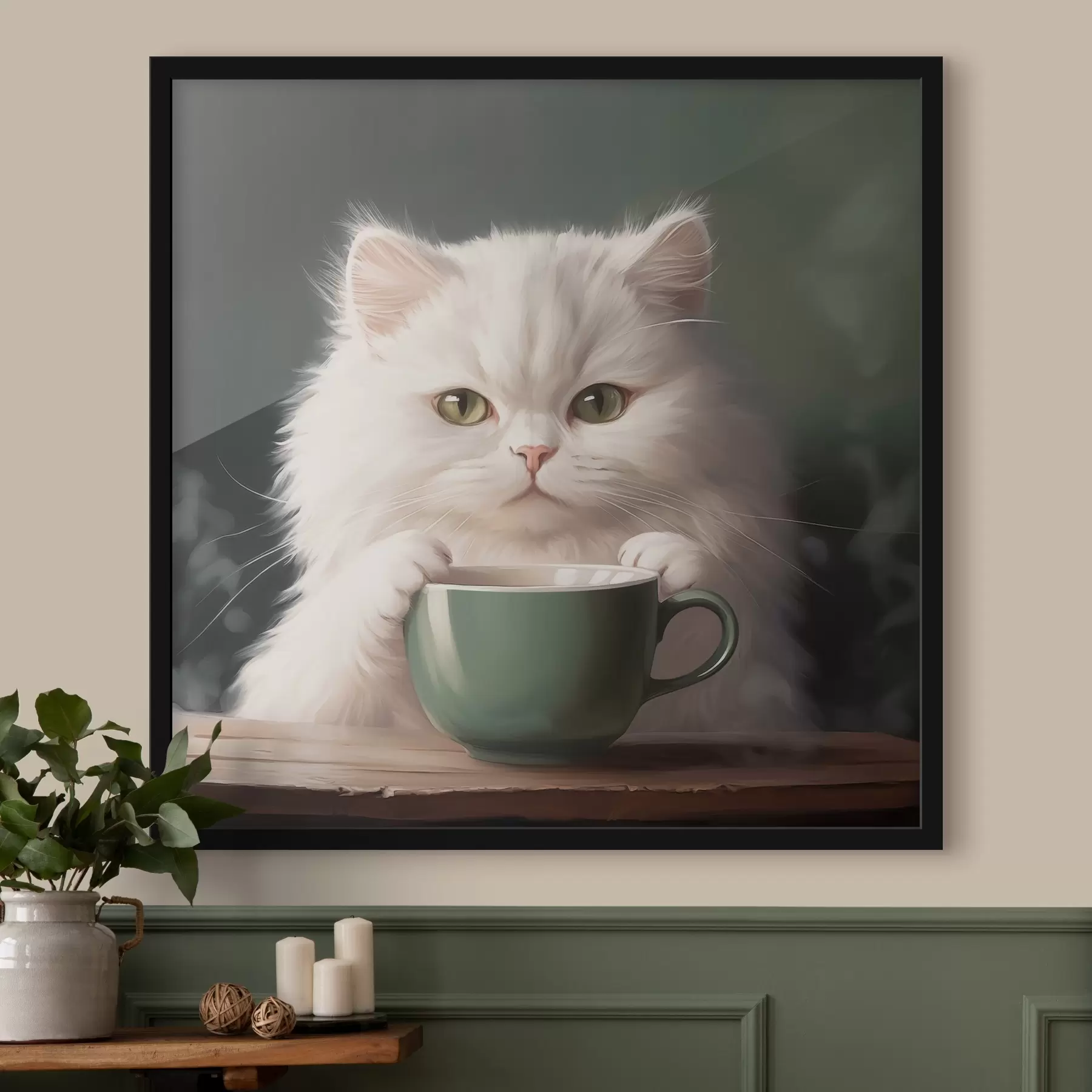 Fotobehang Witte kat met groen kopje f44032