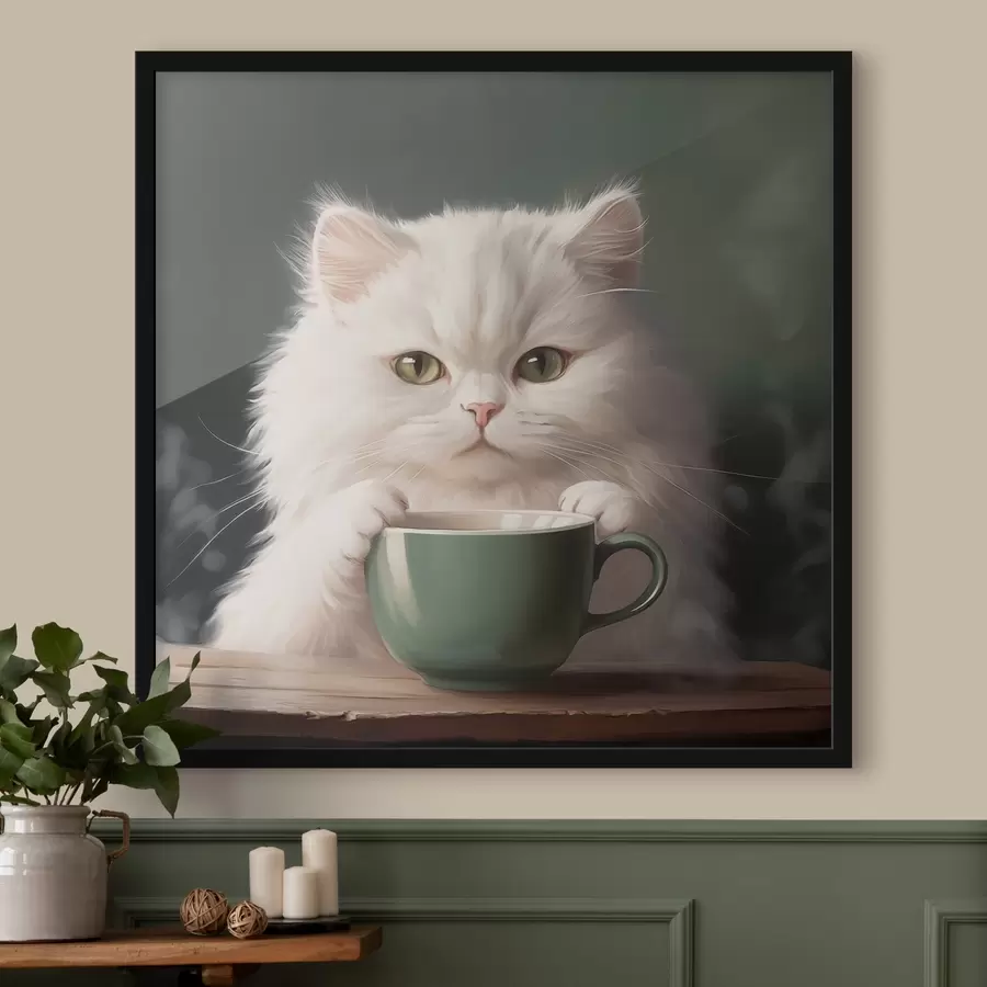 Fotobehang Witte kat met groen kopje f44032