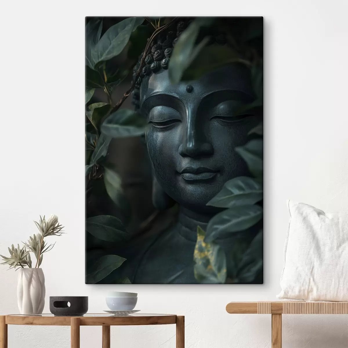  Peintures Bouddha vert dans des feuilles tropicales, réalisme s44005