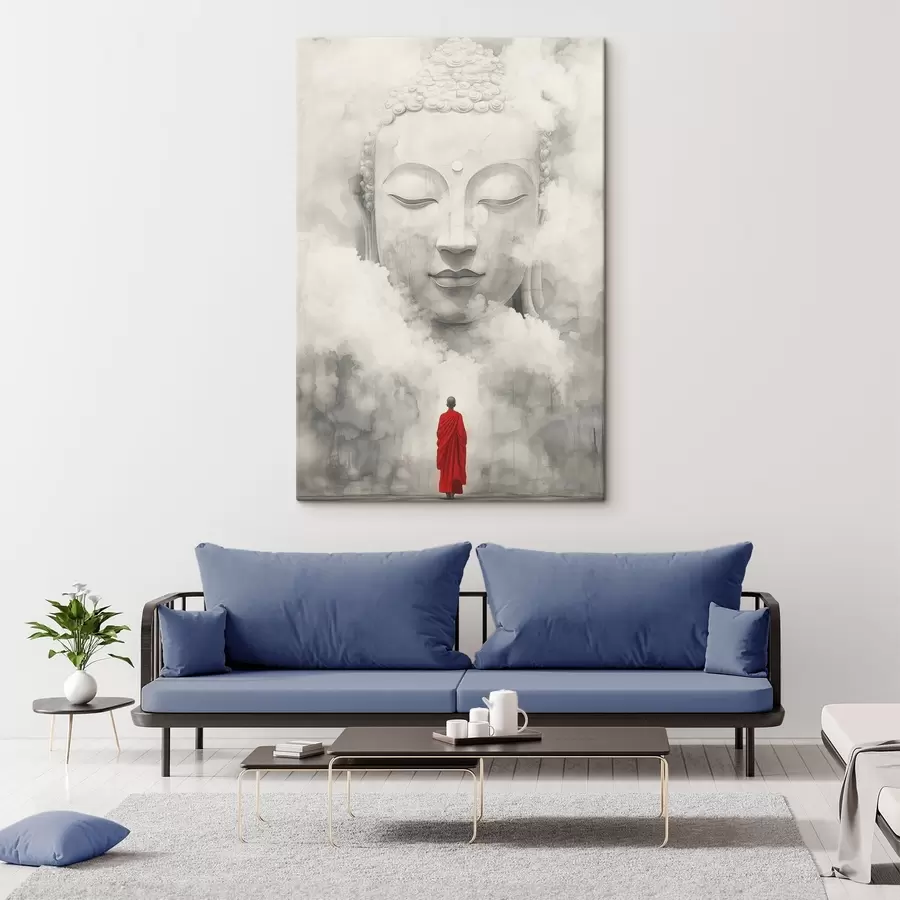  Schilderijen Boeddhisme, monnik in het rode gewaad, mist, aquarel stijl s44007