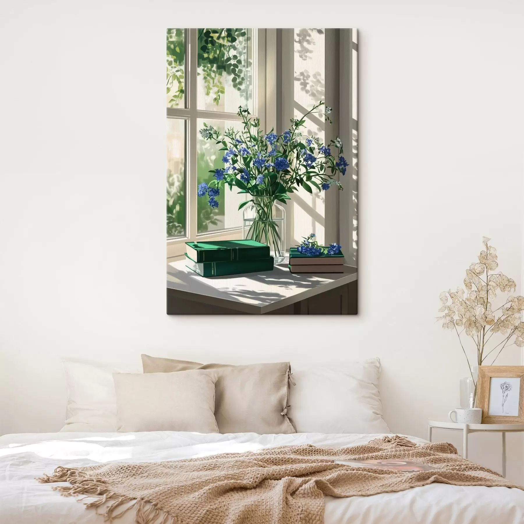  Peintures Livres et fleurs violettes dans le vase sur le rebord de la fenêtre, verdure s44008