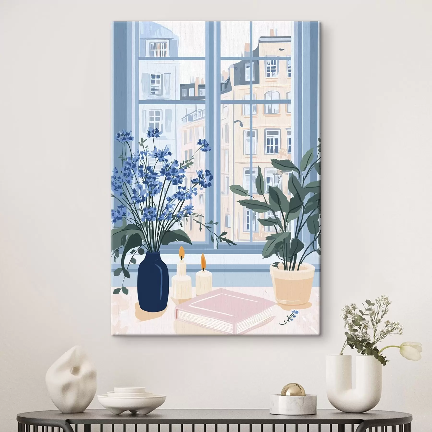 Fotobehang Gezellig huis met bloemen en uitzicht op het raam, architectuur, blauwe kleuren s44010