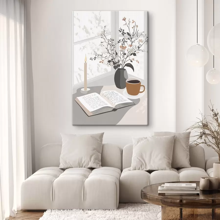  Schilderijen Abstractie, open boek, vaas met bloemen, kaars, beige kleuren s44011