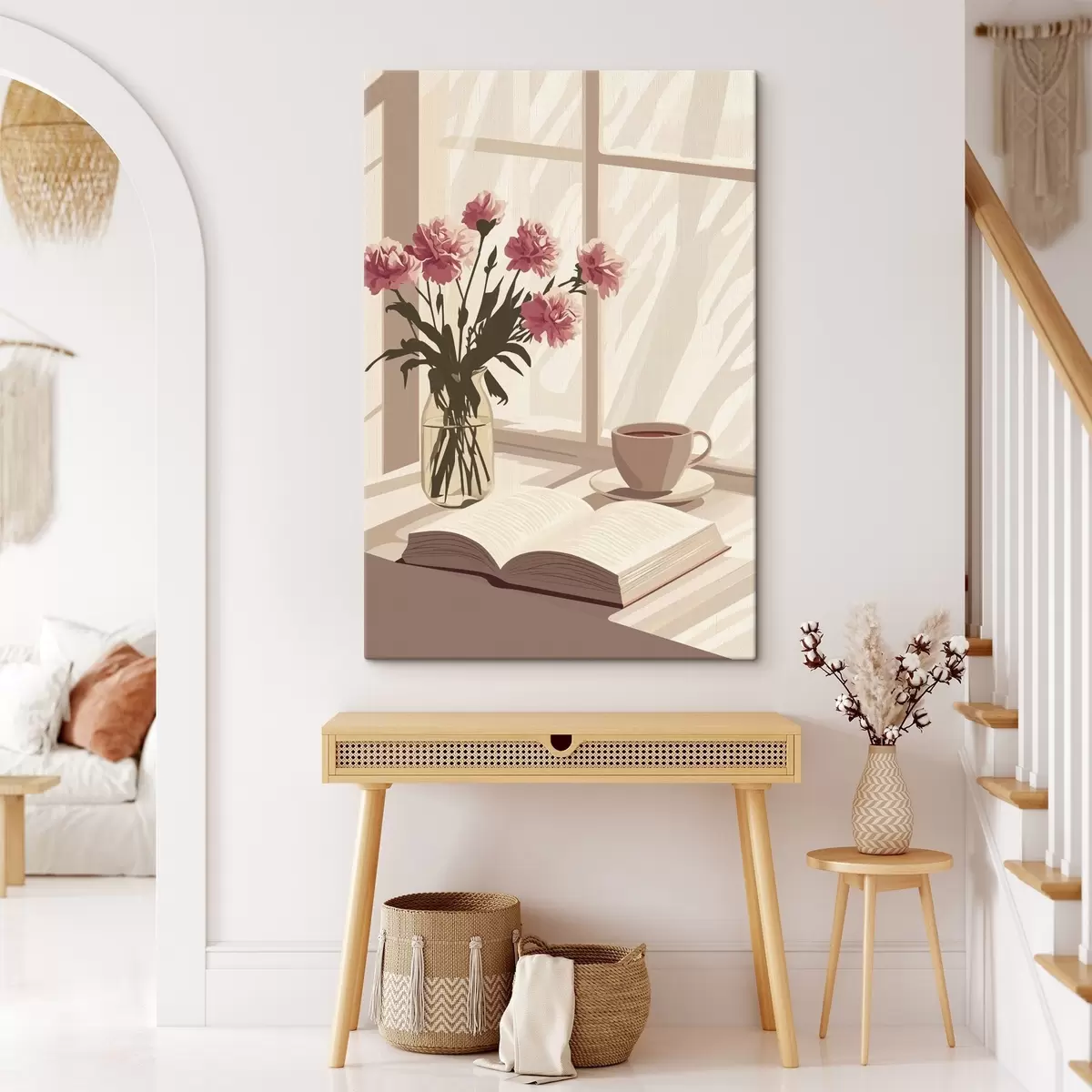  Peintures Esthétique matinale, tasse de café, livre, fleurs d'œillet s44012