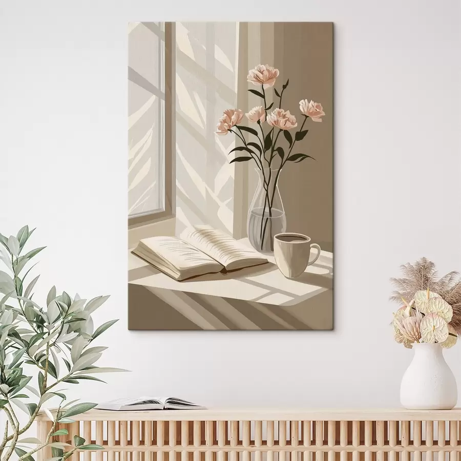  Schilderijen Gezellige ochtend met koffie en boek, roze bloemen, abstractie s44013