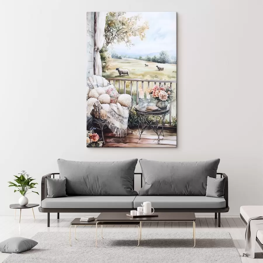  Schilderijen Plattelandsboerderij met schapen, velden, rustieke bloemen, aquarelstijl s44014