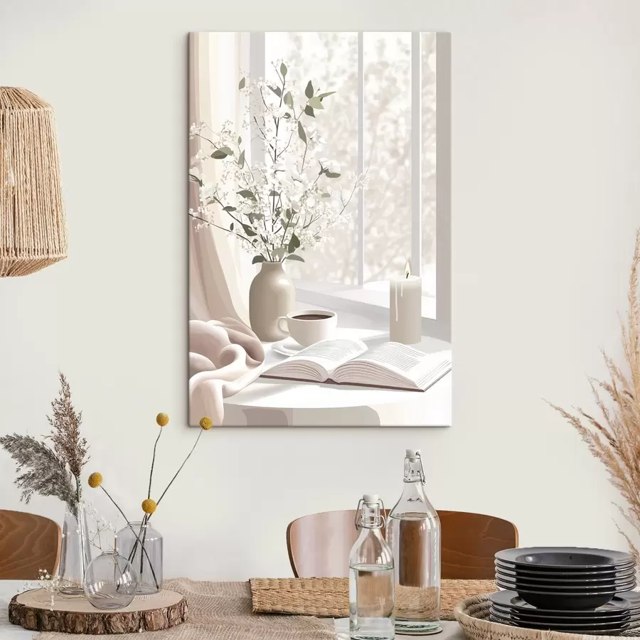  Peintures Matinée de printemps avec café et fleurs, couleurs douces et pastel s44015