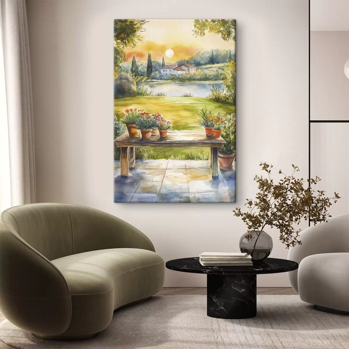  Schilderijen Dorp op de zonsondergang, rustiek, zomer bloemen, meer, aquarel stijl s44016