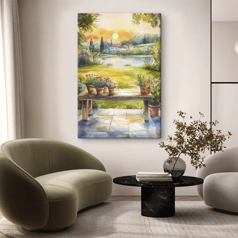  Peintures Village au coucher du soleil, rustique, fleurs d'été, lac, style aquarelle s44016