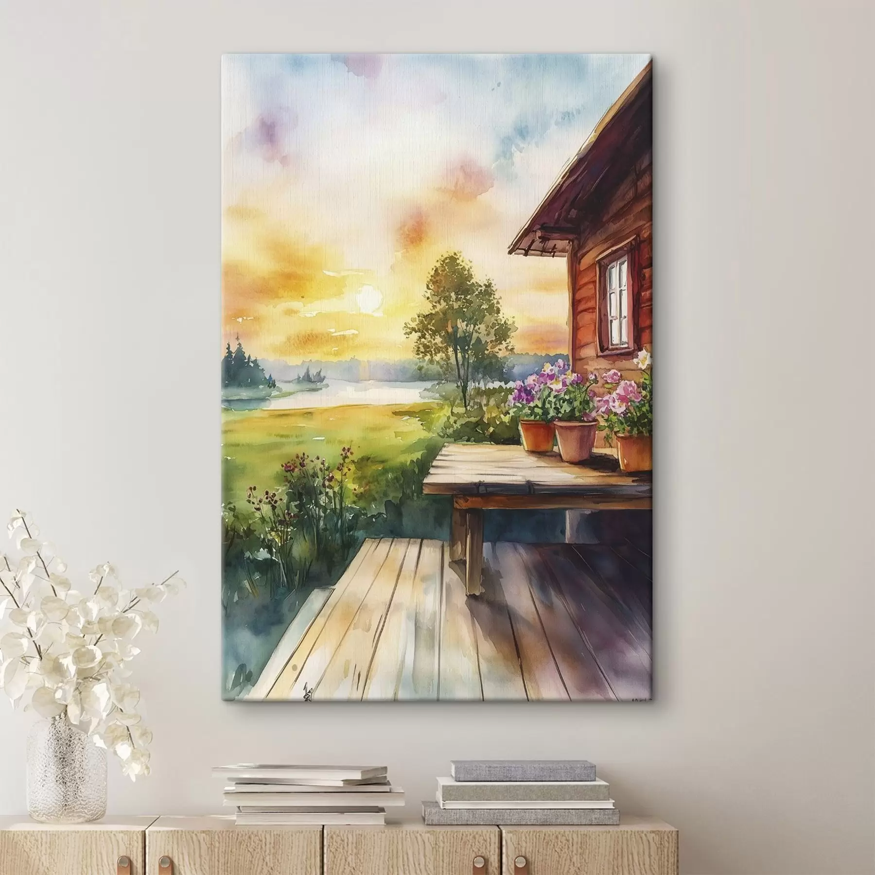  Schilderijen Kleuren zonsondergang, boerderij, aquarelstijl, rustiek, zomerbloemen s44017