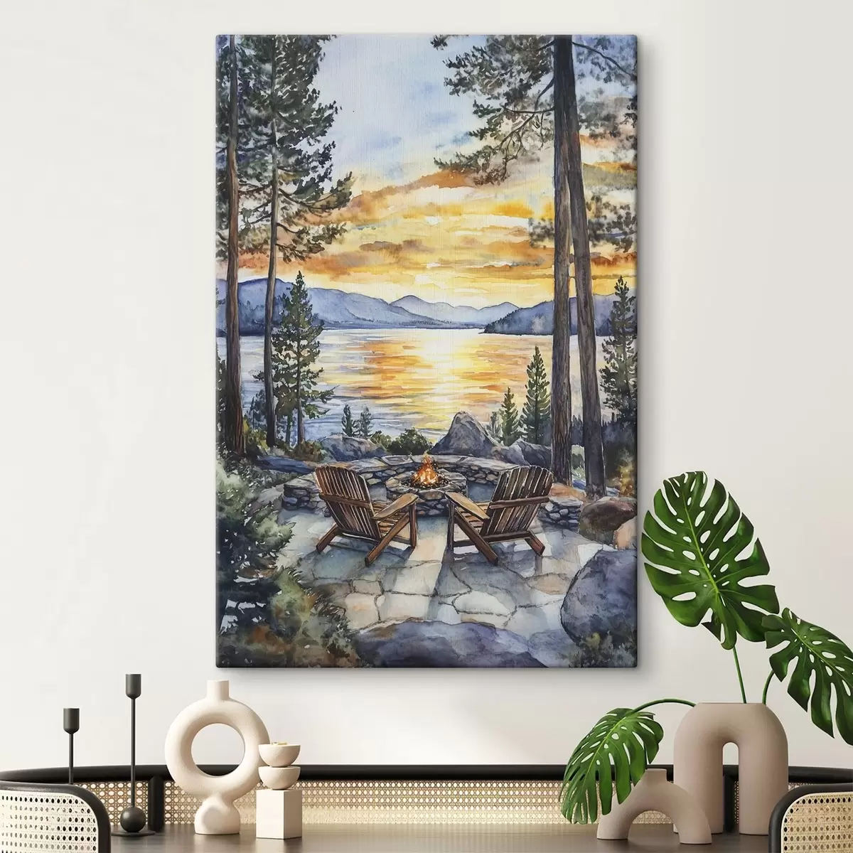  Peintures Lac avec montagnes au coucher du soleil, voyage, cheminée confortable, aquarelle s44018