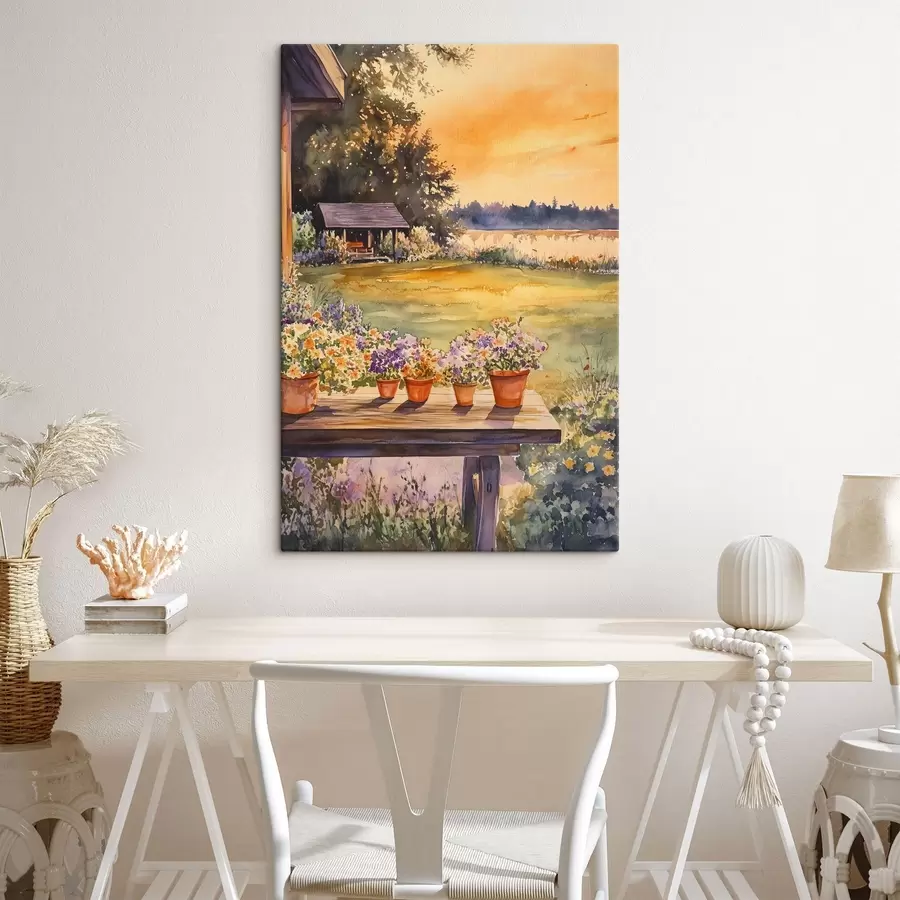  Peintures Fleurs dans le jardin du village, couleurs du coucher de soleil, style aquarelle s44019