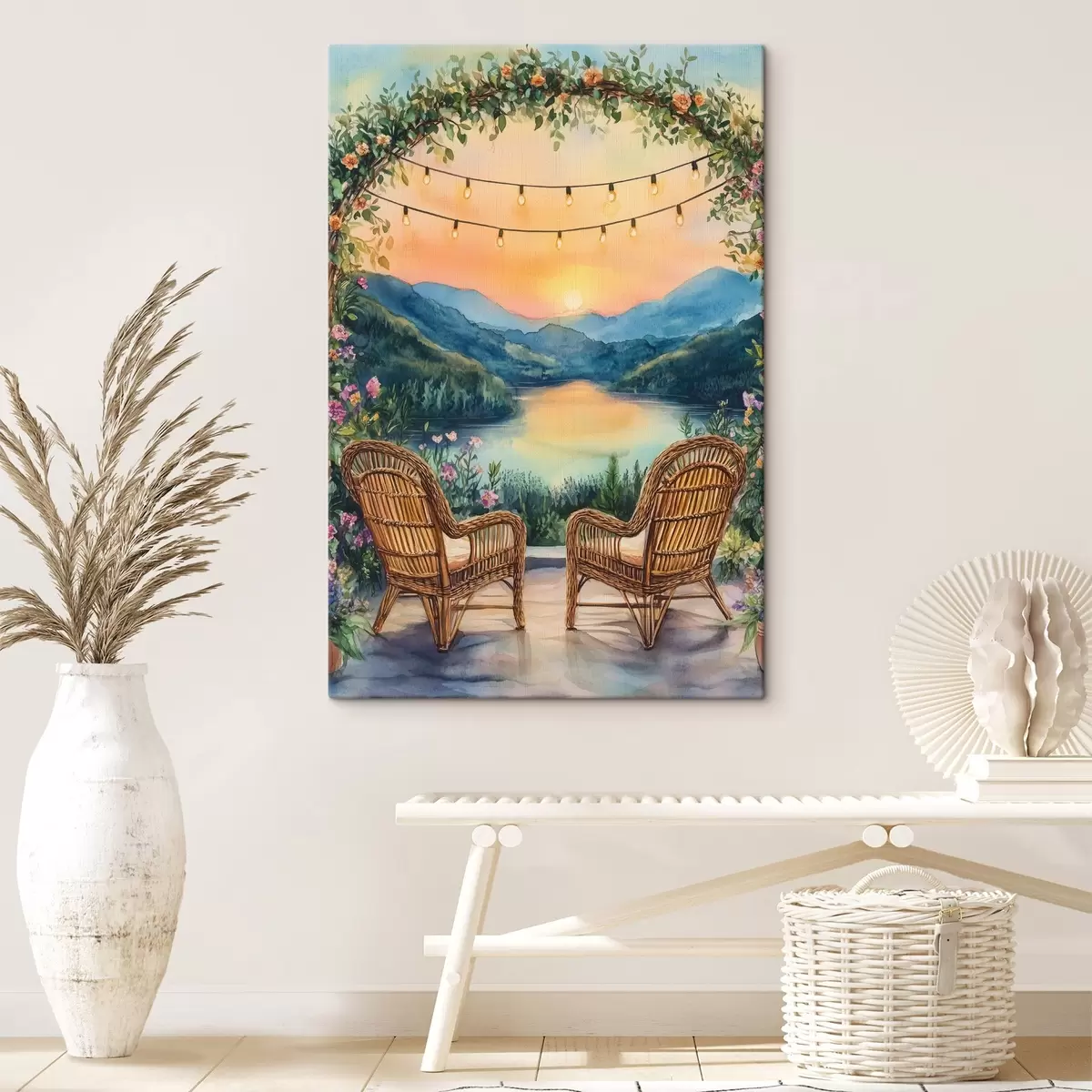  Peintures Chaises en osier au coucher du soleil, paysage de montagne, style boho s44020