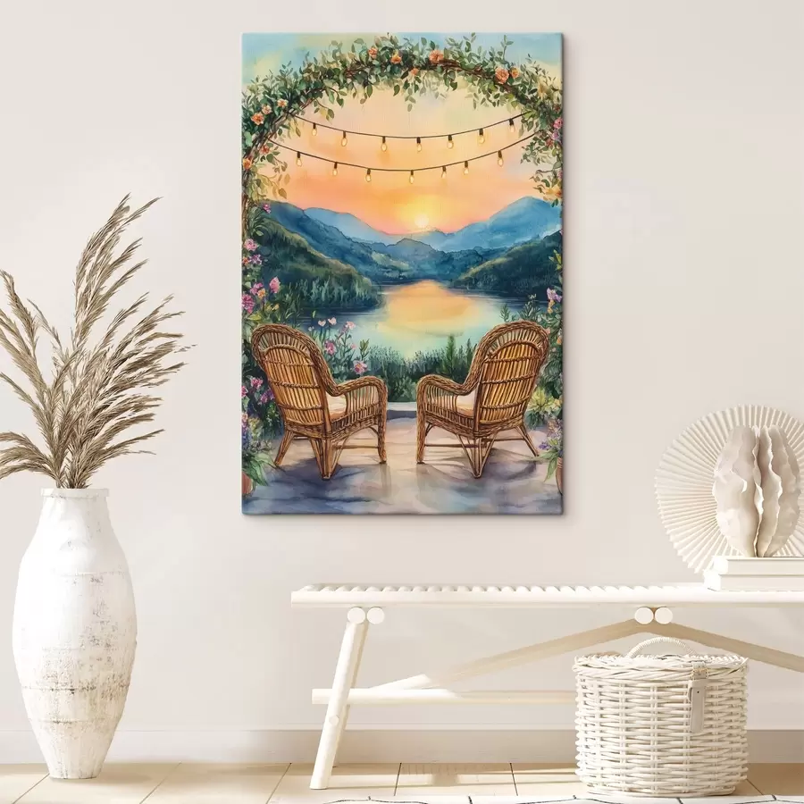  Peintures Chaises en osier au coucher du soleil, paysage de montagne, style boho s44020