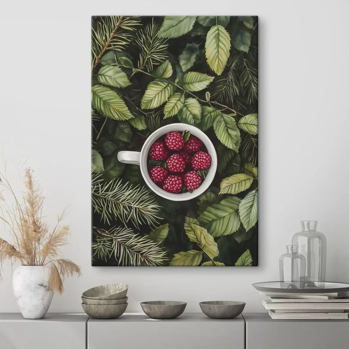  Schilderijen Kopje frambozen in het groene bos, natuur, aquarel stijl s44021