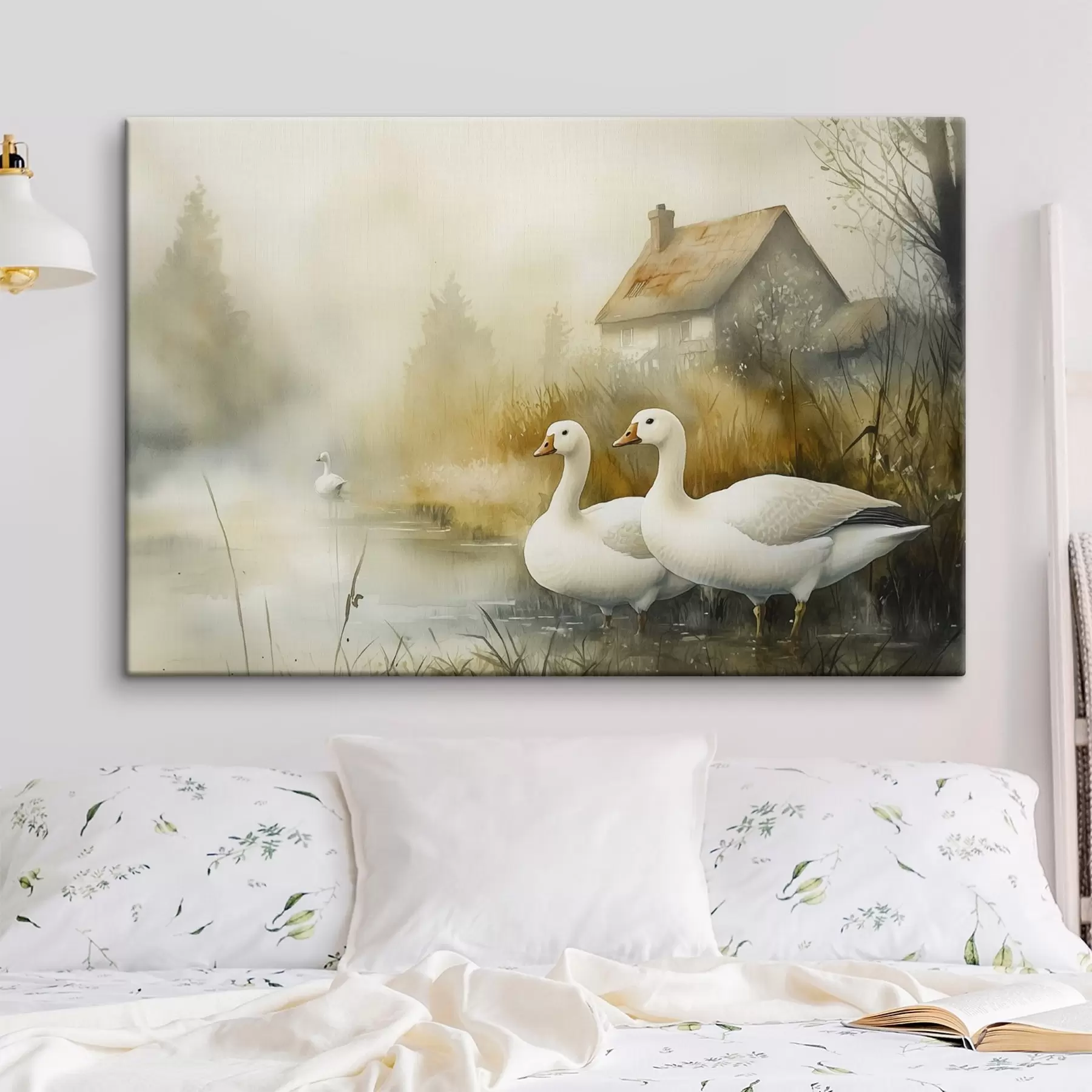  Peintures Oies dans le lac près d'une ferme, rustique, style aquarelle s44022