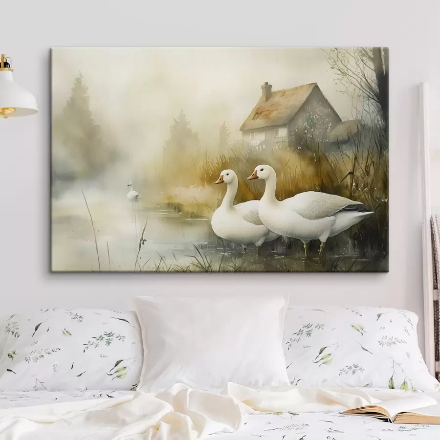  Peintures Oies dans le lac près d'une ferme, rustique, style aquarelle s44022