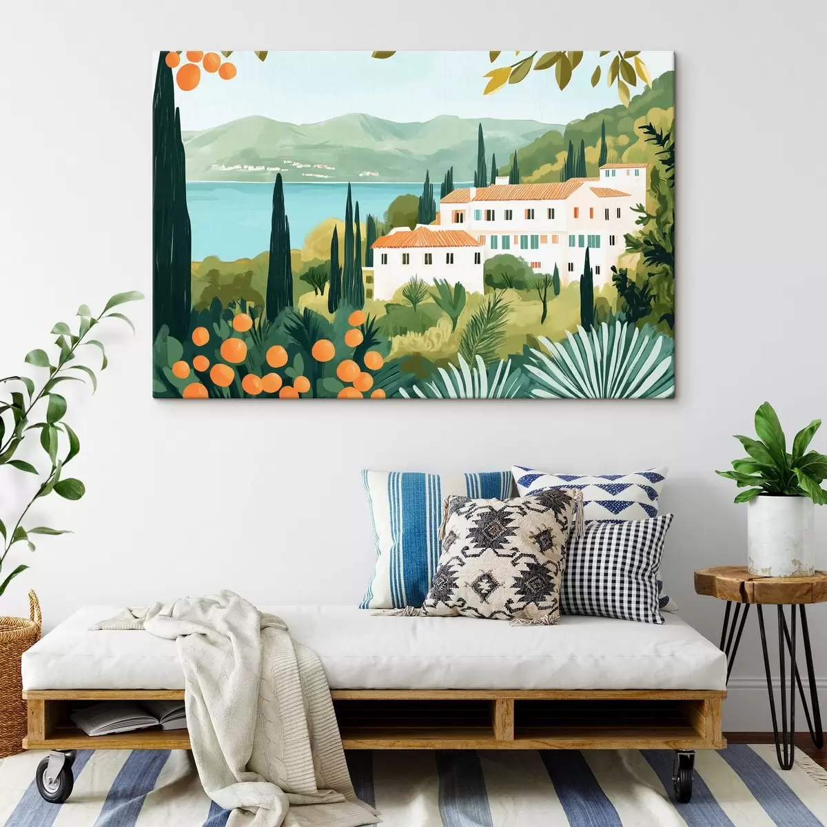  Schilderijen Mediterraan landschap met sinaasappelbomen en huizen, zeekust s44027