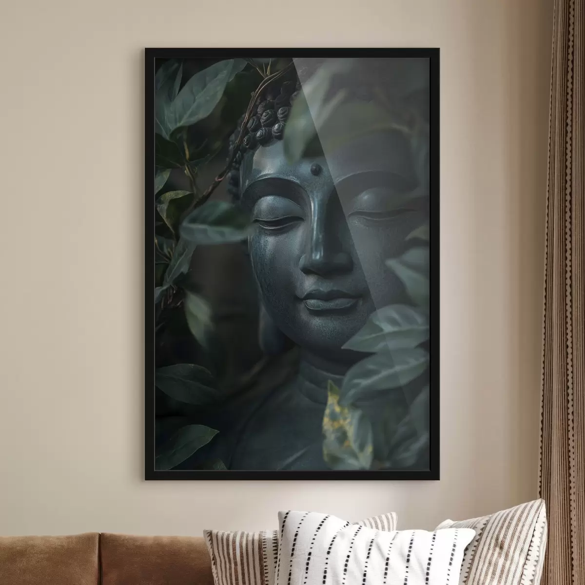 Affiche Bouddha vert dans des feuilles tropicales, réalisme f44005