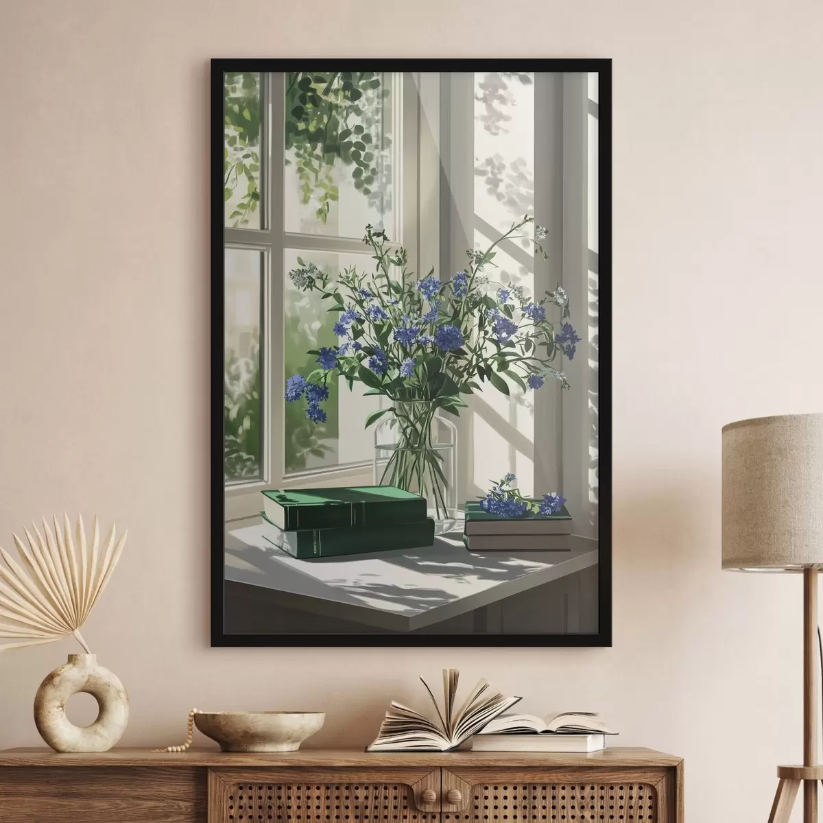 Affiche Livres et fleurs violettes dans le vase sur le rebord de la fenêtre, verdure f44008