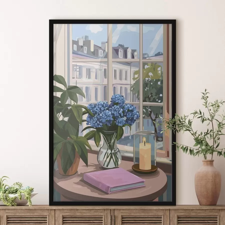 Papier peint photo Hortensias dans le vase, vue de la fenêtre, bougie, maison confortable f44009