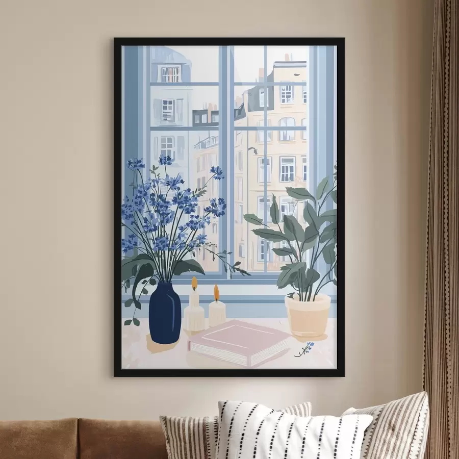Papier peint photo Maison confortable avec fleurs et vue sur la fenêtre, architecture, couleurs bleues f44010
