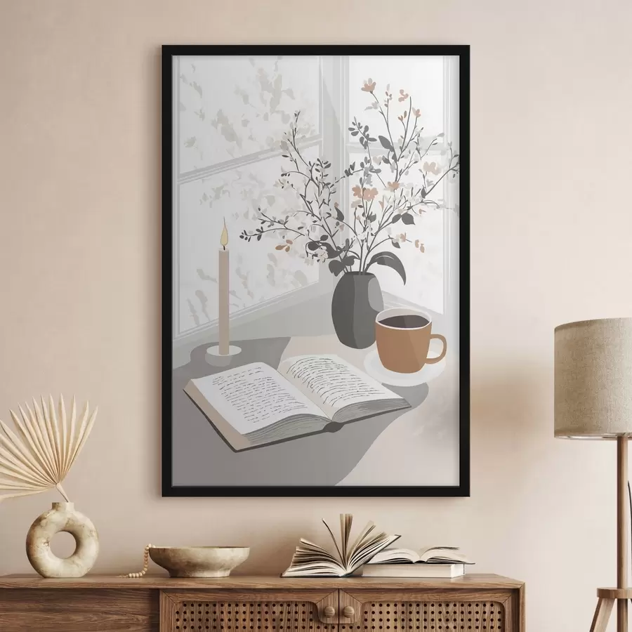 Papier peint photo Abstraction, livre ouvert, vase avec fleurs, bougie, couleurs beiges f44011