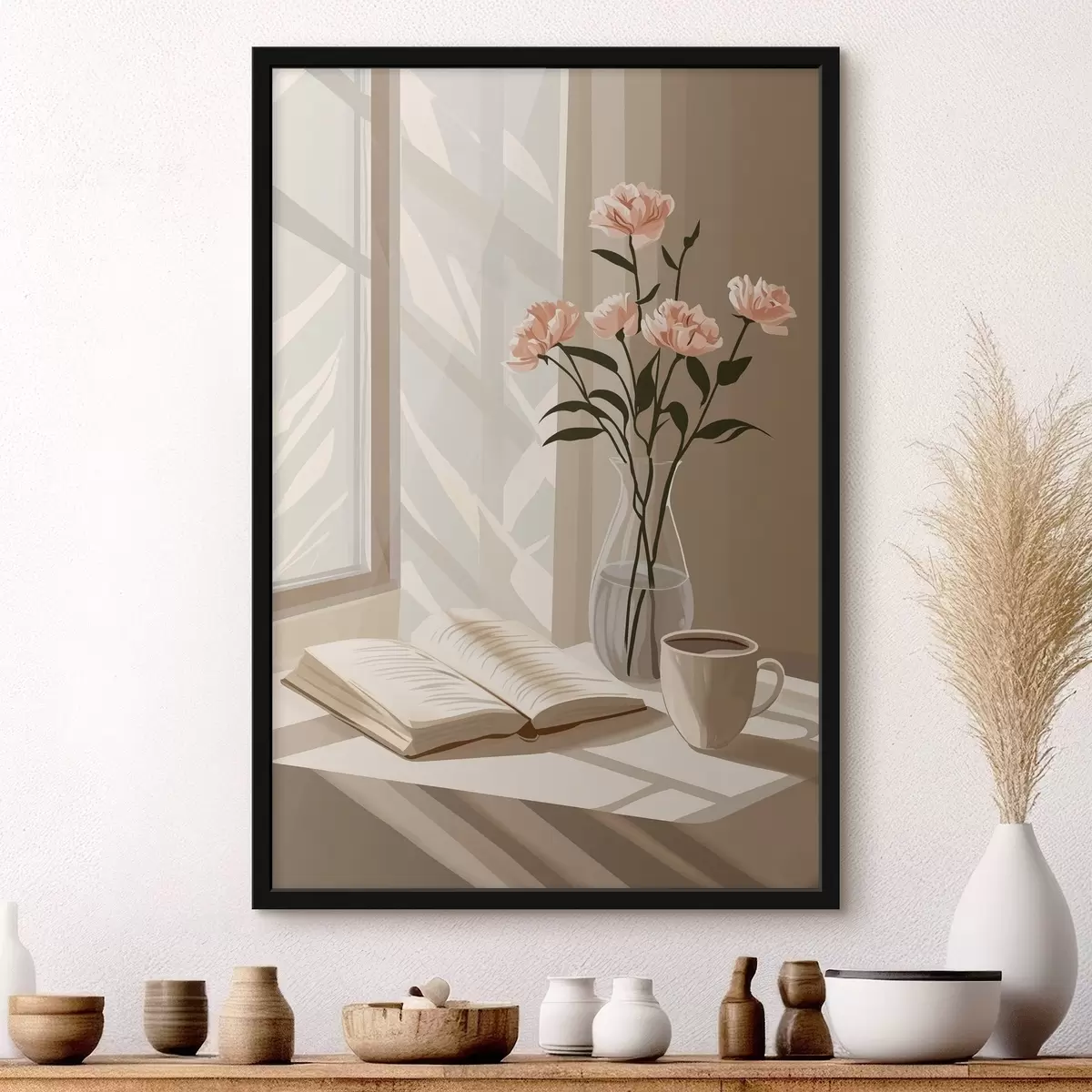 Poster Gezellige ochtend met koffie en boek, roze bloemen, abstractie f44013