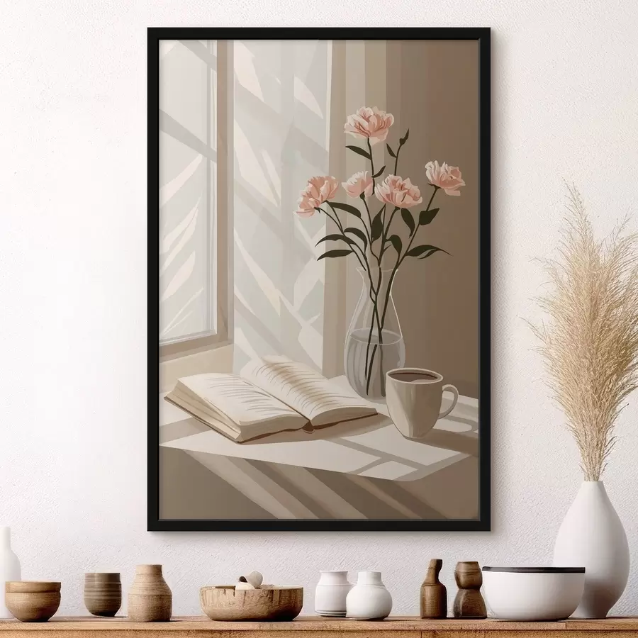 Fotobehang Gezellige ochtend met koffie en boek, roze bloemen, abstractie f44013