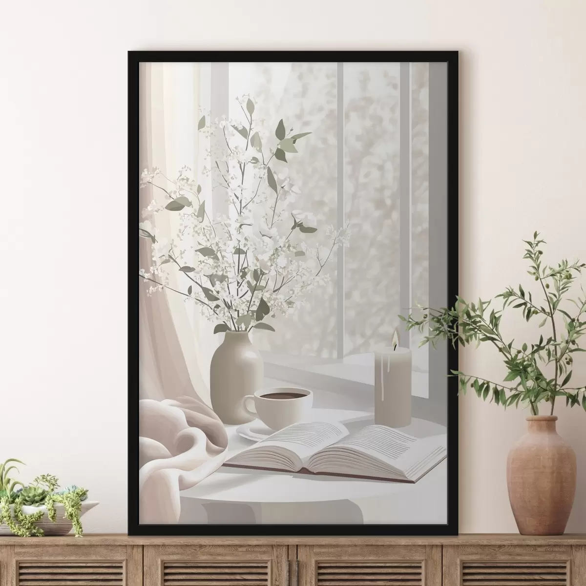 Affiche Matinée de printemps avec café et fleurs, couleurs douces et pastel f44015