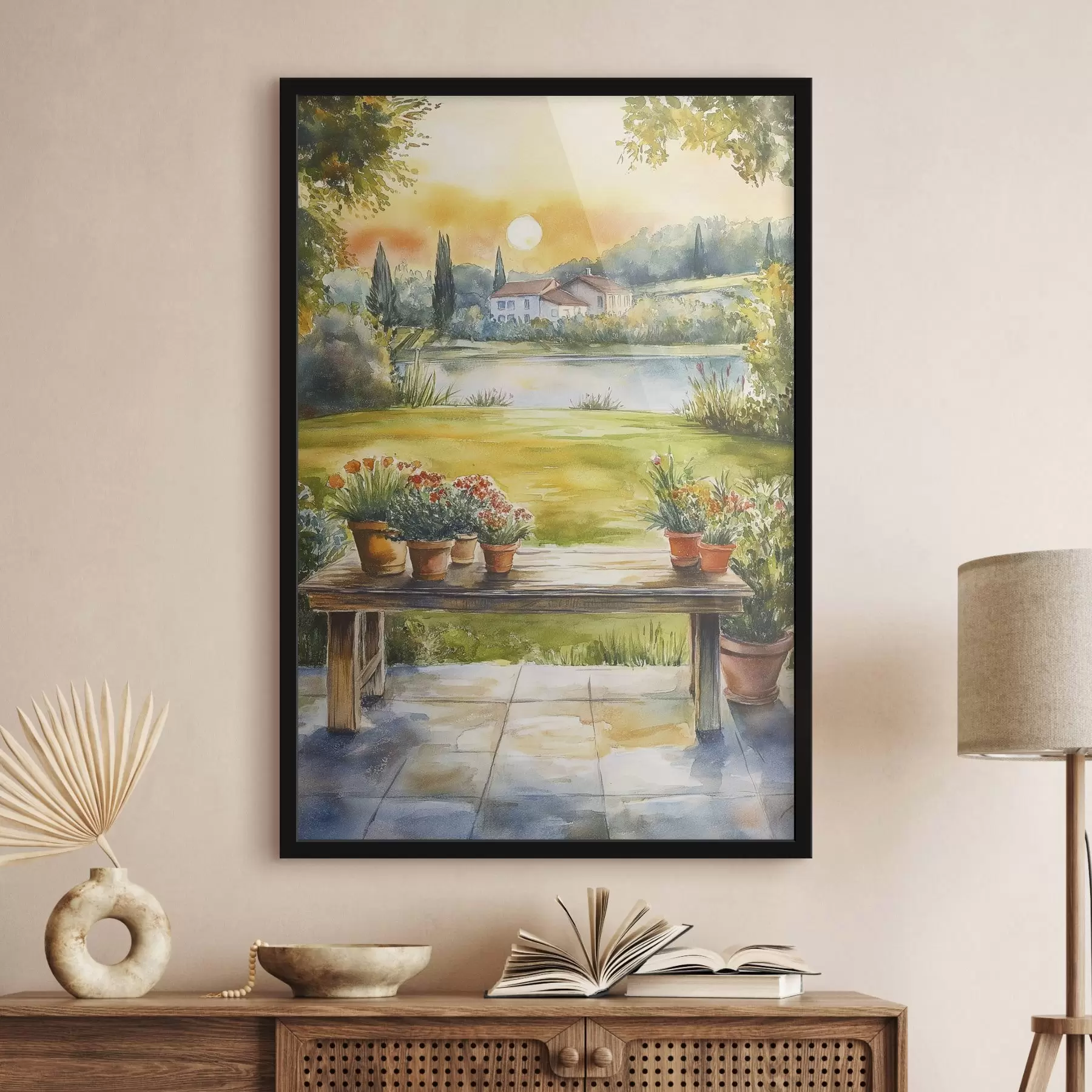 Papier peint photo Village au coucher du soleil, rustique, fleurs d'été, lac, style aquarelle f44016