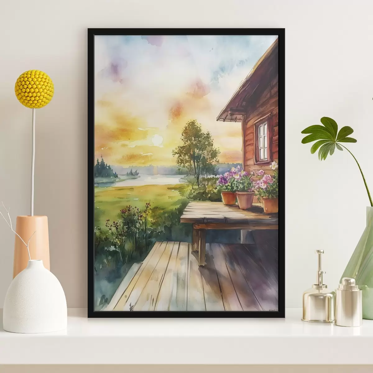 Affiche Couleurs du soleil couchant, ferme, style aquarelle, rustique, fleurs d'été f44017